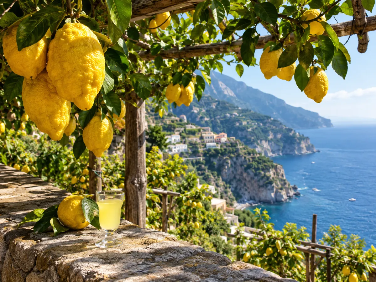 Amalfi lemons under a pergola with a glass of limoncello