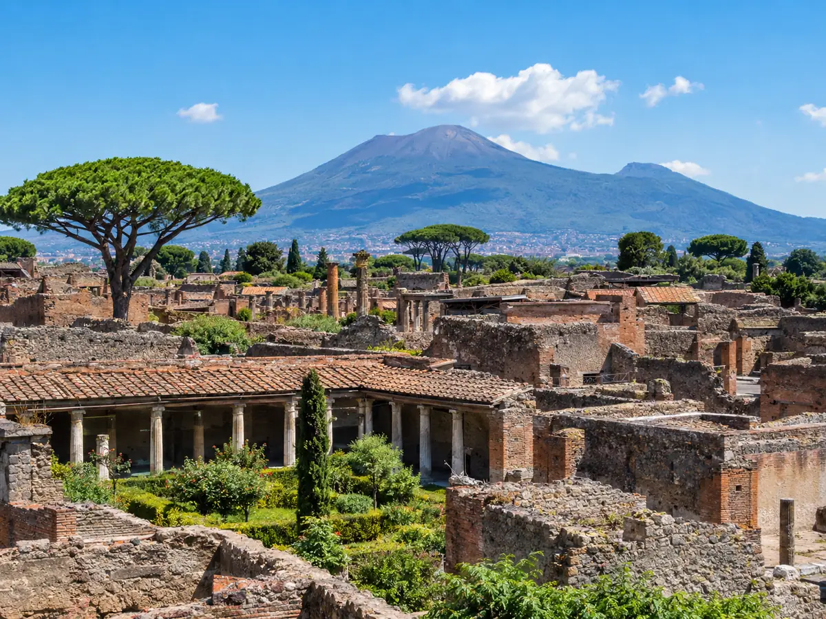 Ruins of Pompeii with Mount Vesuvius on the horizon