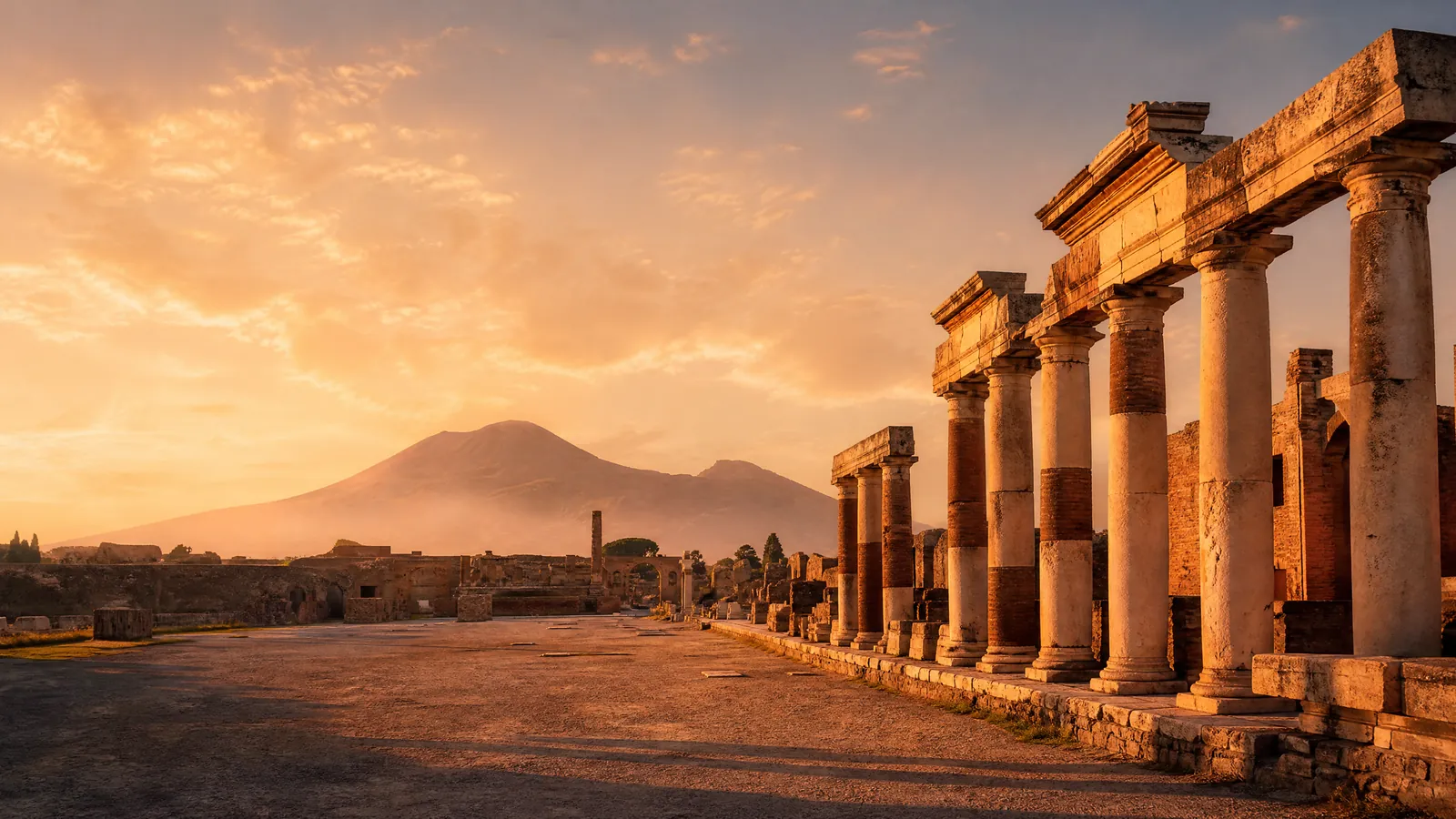 Columns of the Forum of Pompeii with Mount Vesuvius behind at sunset